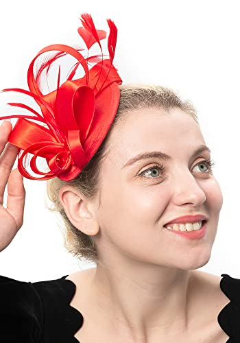Felizhouse Fascinator Hats Hat Tea Party Feather Hair Clip Bridal Headpieces Ascot Headband For Women (Red) #TOP1