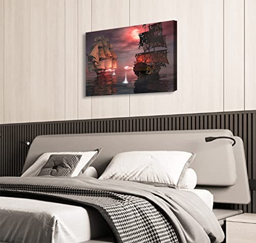 Pirate Decor Ghost Sailboat Decor Wall Art Gothic Style Viking Ship Canvas Prints For Bedroom Accessories Home Decorations Red Pirate Ship Seascape Pictures Artwork Wooden Framed 16X22 Inch #TOP2