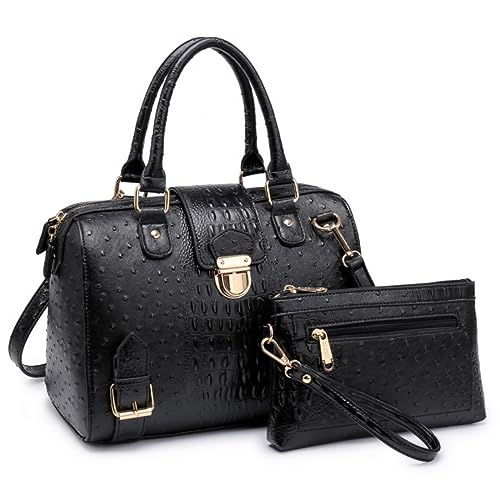 Dasein Women Barrel Handbags Fashion Satchel Bags Top Handle Shoulder Purses Vegan Leather Work Tote (Ostrich Black)