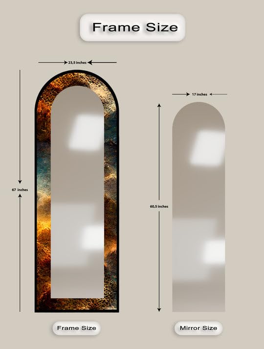23,5''W x 167''H Stampa Texture Rame fuso - Specchio da pavimento astratto ad arco a tutta lunghezza - Specchio da pavimento macchiato a corpo intero con cornice nera con cornice