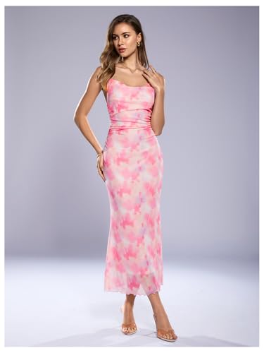 Image of SOLY HUX Women's Floral Mesh Bodycon Cami Dress Cowl Neck Sleeveless Cocktail Party Wedding Guest Long Maxi Dresses