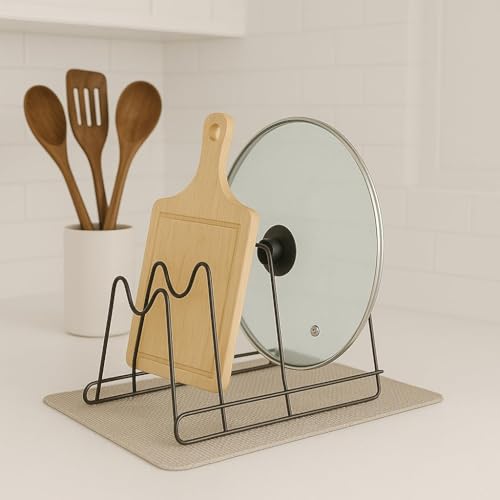 Image of inchBlack Iron Kitchen Organizer Rack - 3 Compartment Dish Rack, Pan & Tawa Stand, Pot Lid Holder, Chopping Board and Utensil Organizer for Countertop (6.5 x 7.5 x 7.75 Inches) inch