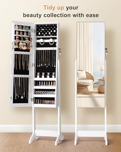 Image of Nicetree Jewelry Cabinet Armoire, Freestanding Jewelry Armoire Organizer with Full-Length Mirror, Lockable Jewelry Storage Cabinet, Frameless Mirror, 3 Adjustable Angles, Moon White