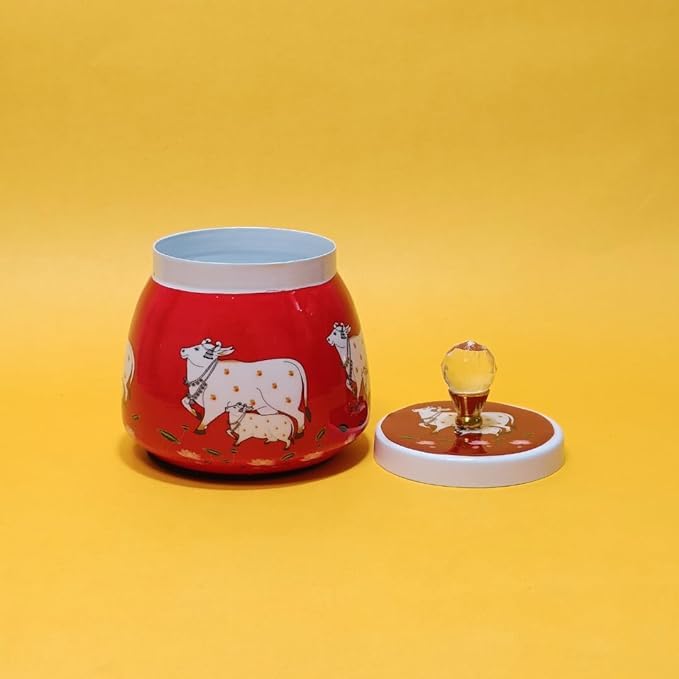 Image of Pichwai Metal Jar: Vibrant Elegance with Handle 4 Inch