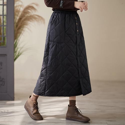 Womens Winter Warm Elastic Waist Padded Quilted Midi Long Puffer Insulated Skirt Front Button Skirts with Pocket3