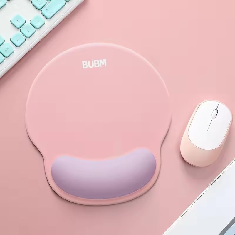 Image of Mouse Pad with Gel Wrist Rest Support, Ergonomic Mouse Cushion with Non Slip Rubber Base Mouse Pad for Laptop, Computer, Gaming, Office (Peach + Purple, Round)