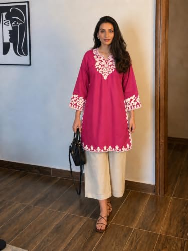 Image of ANNI Designer Co Ord Set for Women Cotton Embroidered | Straight Kurta Palazzo Set for Woman | Round Neck V Slit Full Sleeve Ethnic Dress Stylish Coord Outfit Womens Clothing