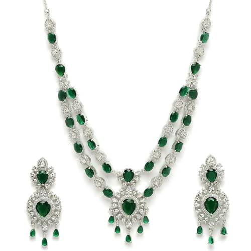 Image of ZENEME Rhodium-Plated American Diamond Studded Star Shaped Layered Necklace With Earrings Jewellery Set For Girls and Women