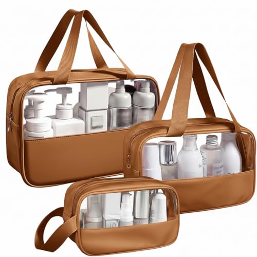 Image of KBS Toiletry Kit Cosmetic Makeup Storage Organizer Clear Styilish Wash Bag Pouch Set of 3 for Travel Luggage Transparent with Metal Zipper Gift for Men Women Girls (Brown)