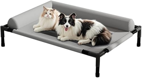 犬用ベッド、ペット、強力な耐荷重、防湿通気性メッシュ、脚付き、オフグラウンド設計、ソファ、組み立てが簡単、軽量で持ち運びに便利、サマーマット、取り外し洗える、すべての季節に利用可能、中小型犬や猫に適しています 、強くて安定している (グレー,M)