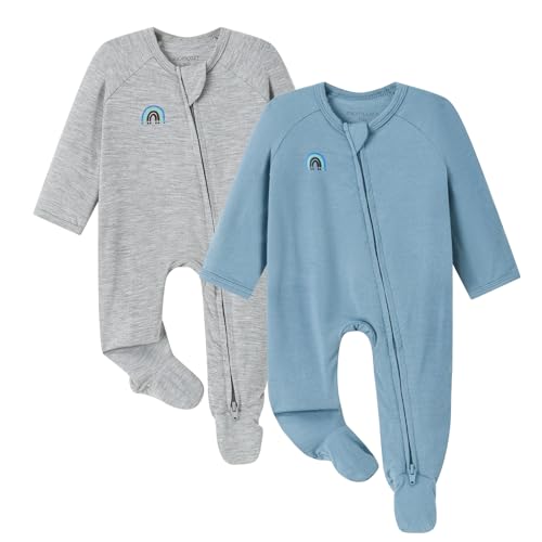 Image of Momcozy Unisex Baby Pajamas, Baby-Temp Monitoring Double Zipper Boy Girl Sleepers Rompers Footie, 2 Pack Light Weight Stretchy Viscose Derived from Bamboo Baby Jammies, Newborn, Blue Grey