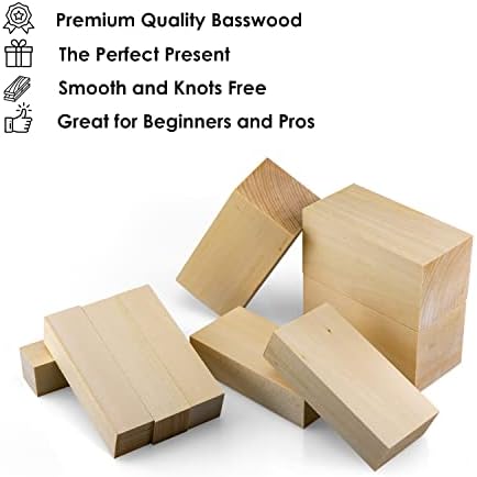 Basswood Carving Blocks 9 pcs, Linden Wood Whittling Kit for Beginners and Professionals, Lime Wood Carving Set, Wooden Planks for DIY, with Finger Protectors and Sandpaper, Hobby Wood Carving Kit