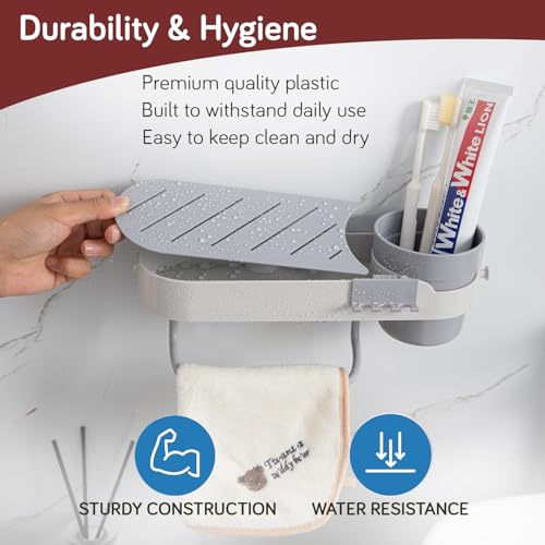 Image of HOKIPO Wall-Mounted Bathroom Shelf with Cup Holder & Towel Rod | Stickable Bathroom Organizer | No Drill Self Adhesive Storage Rack | Magic Sticker Bathroom Accessories Set (AR-6090)