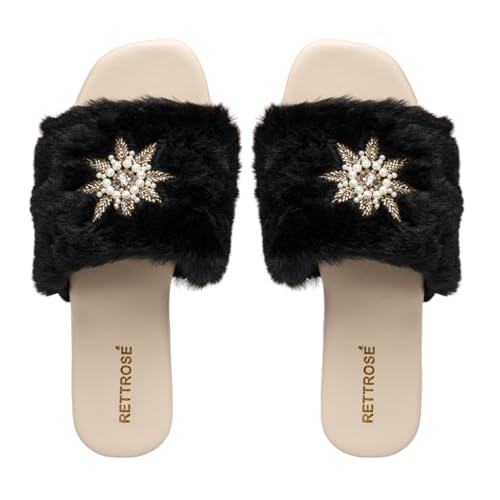 Taylor Women’s Black Luxury Handmade Slippers – Faux Fur Sliders with Diamanté Embellishment, Comfortable Plush Indoor Footwear