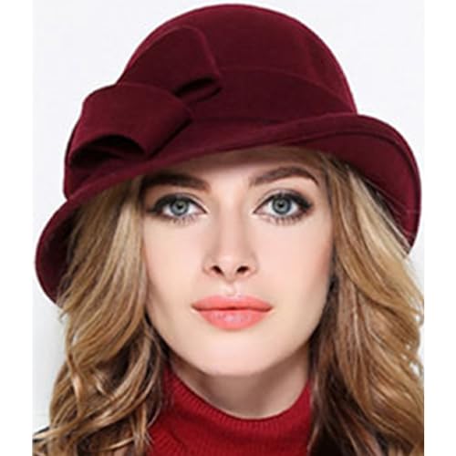 Himesport Wool Felt Vintage Winter Warm Hats For Women Bowknot Pillbox Cap Ladies Fascinator Kentucky Party Ceremony Church Fedoras Wine Red thumb #1