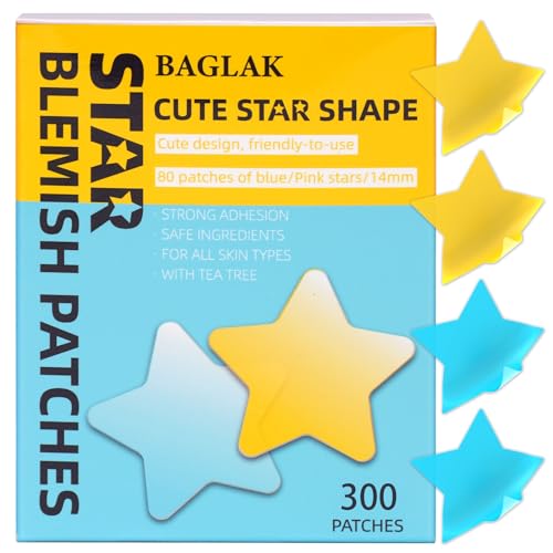 BAGLAK Star Pimple Patches - 300 Patches Hydrocolloid Patches, Star Shape Spot Dots,Yellow & Blue Blemish Patch, Cute Face Stickers