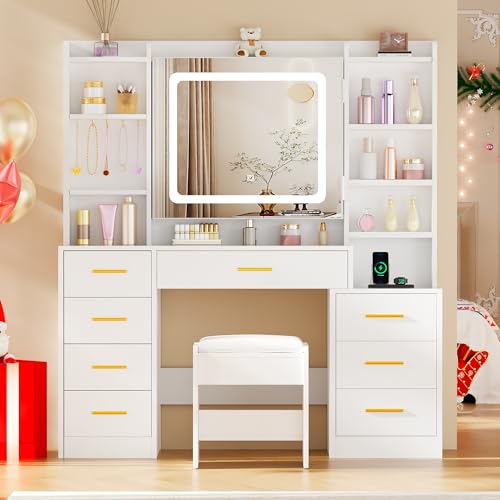 BEWISHOME Large Vanity Desk with Mirror and Lights,White Makeup Vanity Table with Power Outlet,Makeup Desk with 8 Drawers,7 Open Shelves,12 Hooks,Nightstand and Stool,Dressing Table for Bedroom FST53W