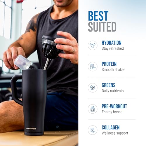 Image of Ice Shaker 32 oz Tumbler with Handle and Straw | 32oz Black | Cold for 30+ Hours | 2-in-1 Tumbler Shaker Bottle | Odor-Free 32 ounce Bottle for Water, Protein Shakes, Smoothies, Cocktails
