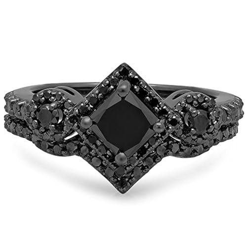 3.10 Carat (Ctw) 14K Black Gold Finish Sterling Silver Round Black Diamond Ladies Bridal Halo Style Engagement Ring With Matching Band Set3
