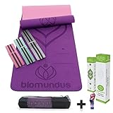 biomundus Esterilla Yoga Mat Antideslizante. Esterilla Deporte en casa Material TPE con Línea de Posición, 3 Bandas Elásticas, Correa y Bolsa 183x61x06 cm Esterilla Fitness Púrpura, Verde y Azul
