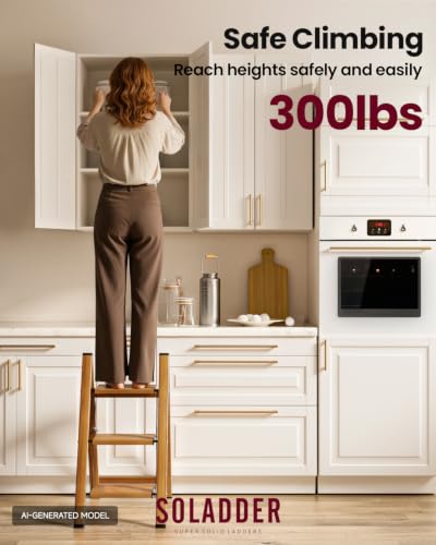 Image of SOLADDER 3 Step Ladder, Folding Aluminum 3 Step Stool with Anti-Slip Wide Sturdy Pedal, Multi-Use for Home and Kitchen, Space Saving-Woodgrain(300 lbs Capacity)