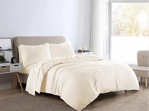 London Dream Plain Flannelette Duvet Cover Set Super King Size - 100% Brushed Cotton Quilt Cover with Pillowcases, Soft Thermal Bedding Sets (Cream, Super King Duvet Cover Set)