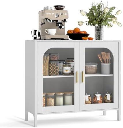 Sideboard Storage Cabinet with Adjustable Shelves, 39.4″ Wide Wood Buffet Cabinet with Double Doors, Freestanding Console Cabinet for Dining Room, Entryway, White