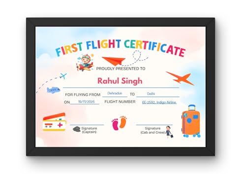 Image of First Flight Certificate for Baby, A4 Size Frame Card, Premium Glossy Print, Customisable Keepsake (Rainbow)