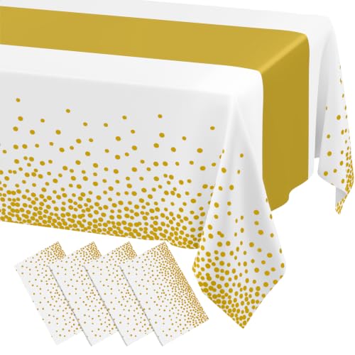 Image of Smiry Plastic Table Cloth Disposable 4 Pack, 54 x 108 Inch Rectangle Waterproof Tablecloth, Printed Gold Table Runner Style for Birthday Weeding, Party Decorations, Leakproof & Sturdy, White and Gold
