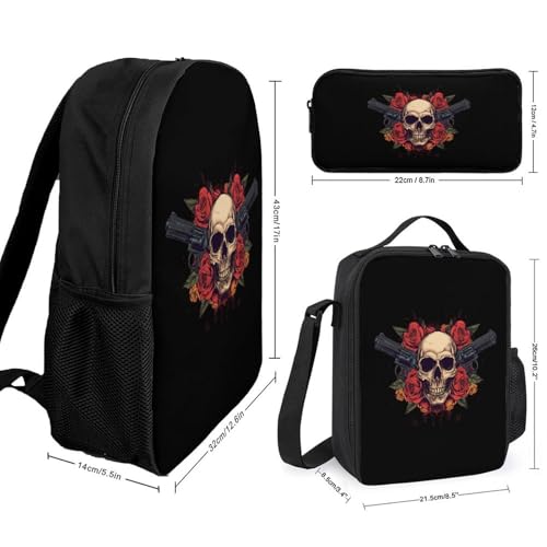 Skull with Roses Classic Backpack Lunch Bag Pencil Case 3 Piece Set Travel Daypack2