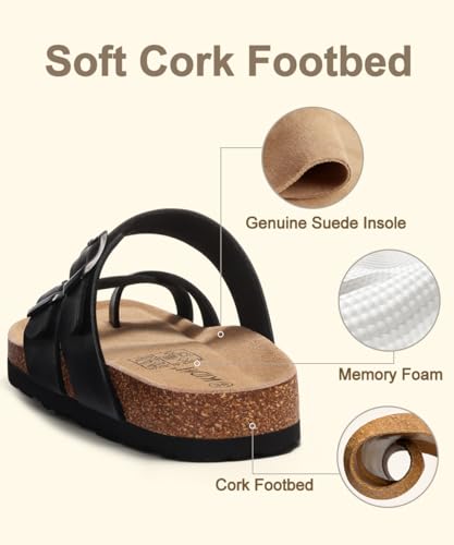 Image of KIDMI Women's Cork Footbed Sandals with Toe Loop, Comfortable Summer Slip-On Slides with Adjustable Buckle
