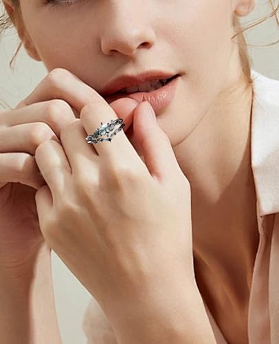 Black Moss Agate Engagement Ring Set for Women 925 Sterling Silver Moss Agate Wedding Ring Stacking Bridal Set for Her Black Promise Ring for Women Bridal Wife Her3