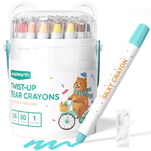 JUPITEARTH Silky Crayons for Toddlers 1-3 36 Colors Twist Crayons Non-Toxic Washable Easy-Grip Toddler Crayon Set for Ages 4-8 Easter Toddler Coloring Gift for Boys & Girls Bear-Design