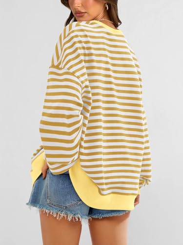 Image of PRETTYGARDEN Womens Striped Oversized Sweatshirt Color Block Crew Neck Long Sleeve Casual Loose Pullover Top Y2K Clothes