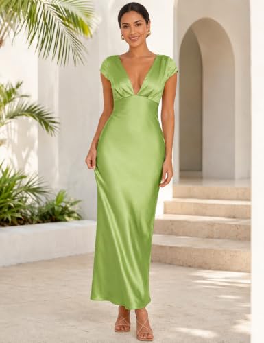 Image of Halfisland Womens Summer Satin V Neck Cap Sleeve Midi Dress Wedding Guest