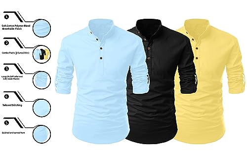 Image of FINIVO FASHION Combo of Men's Cotton Blend Solid Regular Fit Full Sleeve Straight Short Kurta Shirt, Casual and Formal Wear