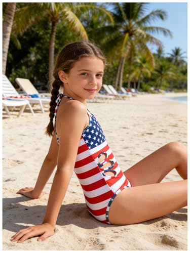 Image of 7-16 Years Girls Swimsuit 2PCS Adjustable Straps Cut Out One Piece Bathing Suit with Solid Color Cover Up Skirt