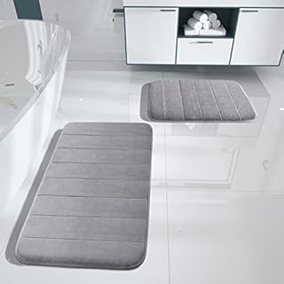 Yimobra 2 Pieces Memory Foam Bathroom Mat Set, Non Slip - Super Water Absorption Soft Bath Mats Rugs, Thick, Dry Fast, Machine Washable for Bathroom Floor Rug , 17x24+31.5x19.8 Inches, Gray