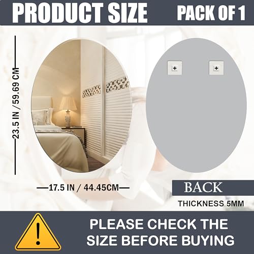 Image of Rousrie Frameless Wall Mirror for Bathroom, Glass, Modern, Clear, Rectangle, 60 x 45 Centimeters, Wall Mount (1, Oval)