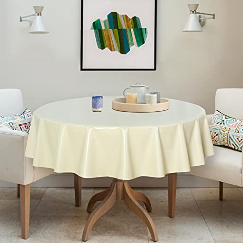 Image of sancua 100% Waterproof Round PVC Tablecloth - 60 Inch - Oil Proof Spill Proof Vinyl Table Cloth, Wipe Clean Table Cover for Dining Tables, Buffet Parties and Camping, Beige