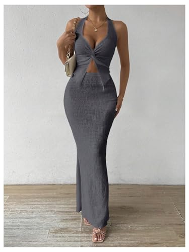 Image of SOLY HUX Women's Two Piece Outfits Twist Front Halter Cami Tops and Skirt Summer Set