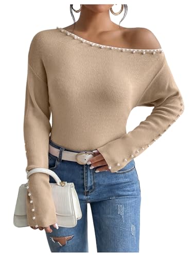 Image of WDIRARA Women's Pearls Beaded One Cold Shoulder Sweater Long Sleeve Asymmetrical Knit Top