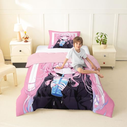 Image of Erosebridal 3D Japanese Kids Comforter Set | Anime Girl Drinking Milk Tea Bedding Twin Size Cute Kawaii Girly Down Comforter Modern Fashion Aesthetic Duvet Set for Bedroom