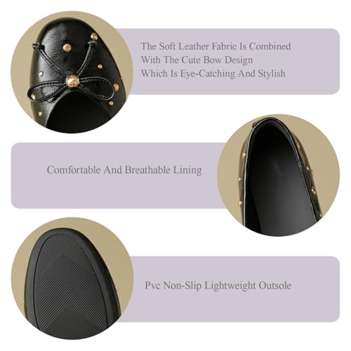 Women's Leather Studded Ballet Ballerina Flats Cute Bowknot Comfortable Round Toe Slip On Dressy Flat Shoes for Wedding Party Daily Work3