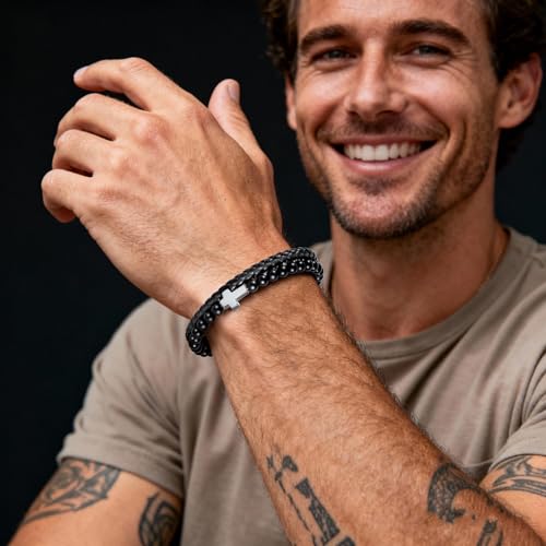 Pulsera de cuero negro con cruz para hombre miniatura 2