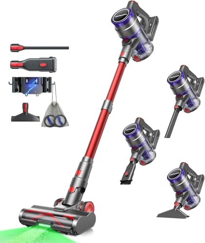 VACTechPro 48000Pa/550W/70Min Aspirapolvere Senza Fili, 1.6L Scopa Elettrica Senza Fili Super Silenzioso, GreenSight™ Aspirapolvere Senza Fili Potente con Sistema di Filtraggio a 8 Strati, Rosso Scuro