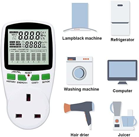 Foreverup Power Metering Socket, Electricity Usage Monitor UK Plug Dual Tariffs, Power Meter Energy Monitor with LCD Display, for Detecting Power Consumption, Current, Voltage (230V)