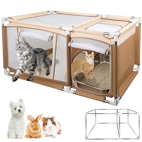 47.2x30.1x23.6 Sturdy Stainless Steel Frame Cat Playpen 2-in-1 Large Cat Tent with Play & Litter Areas for Indoor Cats Breathable Mesh Kitten Playpen with Removable Bottom Pad for Easy Cleaning