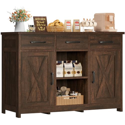 Image of TEENFON Coffee Bar Cabinet with 3 Drawers, Farmhouse Buffet Cabinet