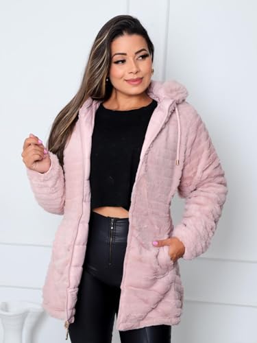 Jaqueta ParKa Feminina Dupla Face Nylon/Peluciada Rosa (BR, Alfa, M, Regular, Regular, Rosa Claro)